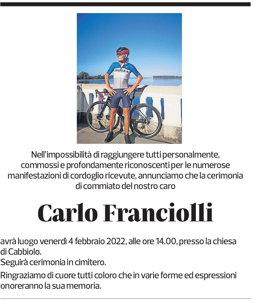 Annuncio funebre Carlo Franciolli