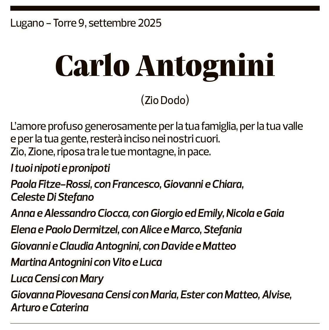 Annuncio funebre Carlo Antognini