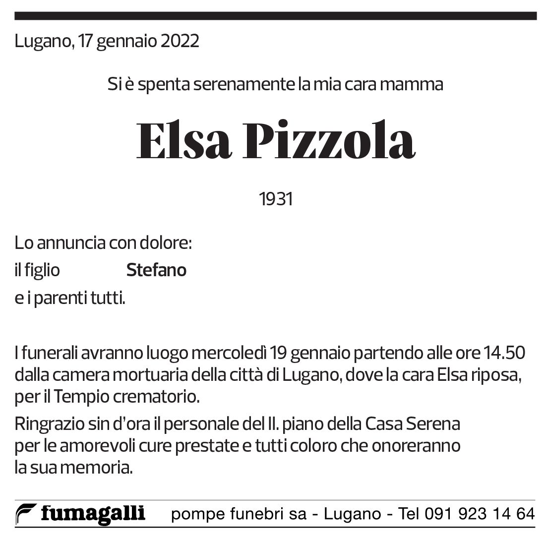 Annuncio funebre Elsa Pizzola