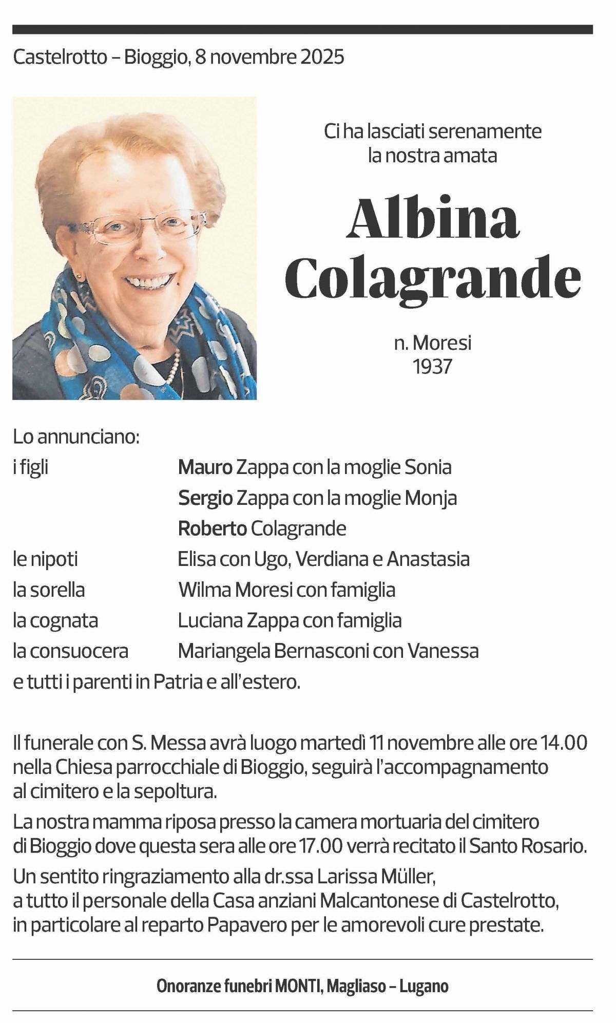 Annuncio funebre Albina Colagrande