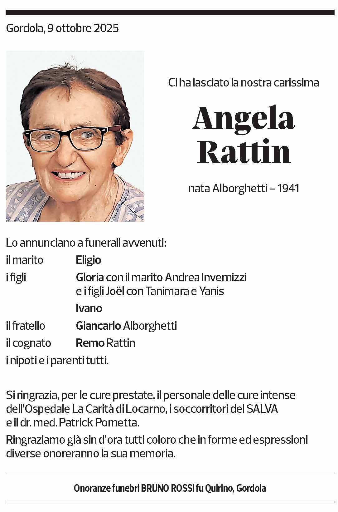 Annuncio funebre Angela Rattin