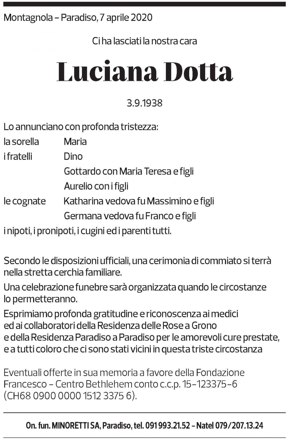 Annuncio funebre Luciana Dotta