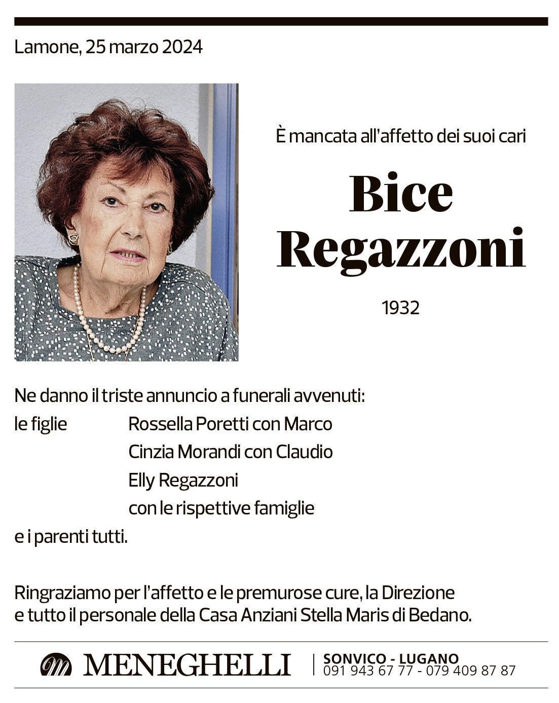 Annuncio funebre Bice Regazzoni