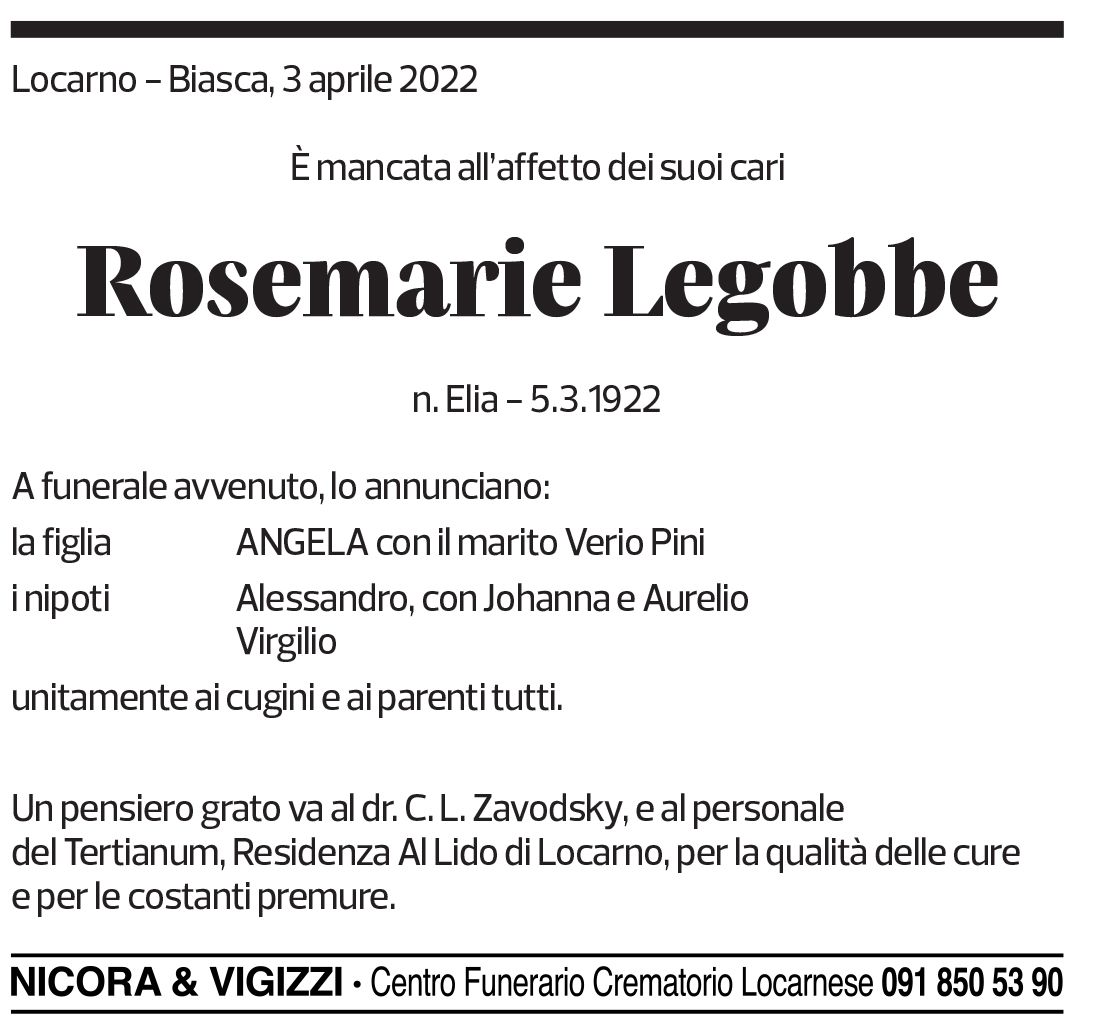 Annuncio funebre Rosemarie Legobbe