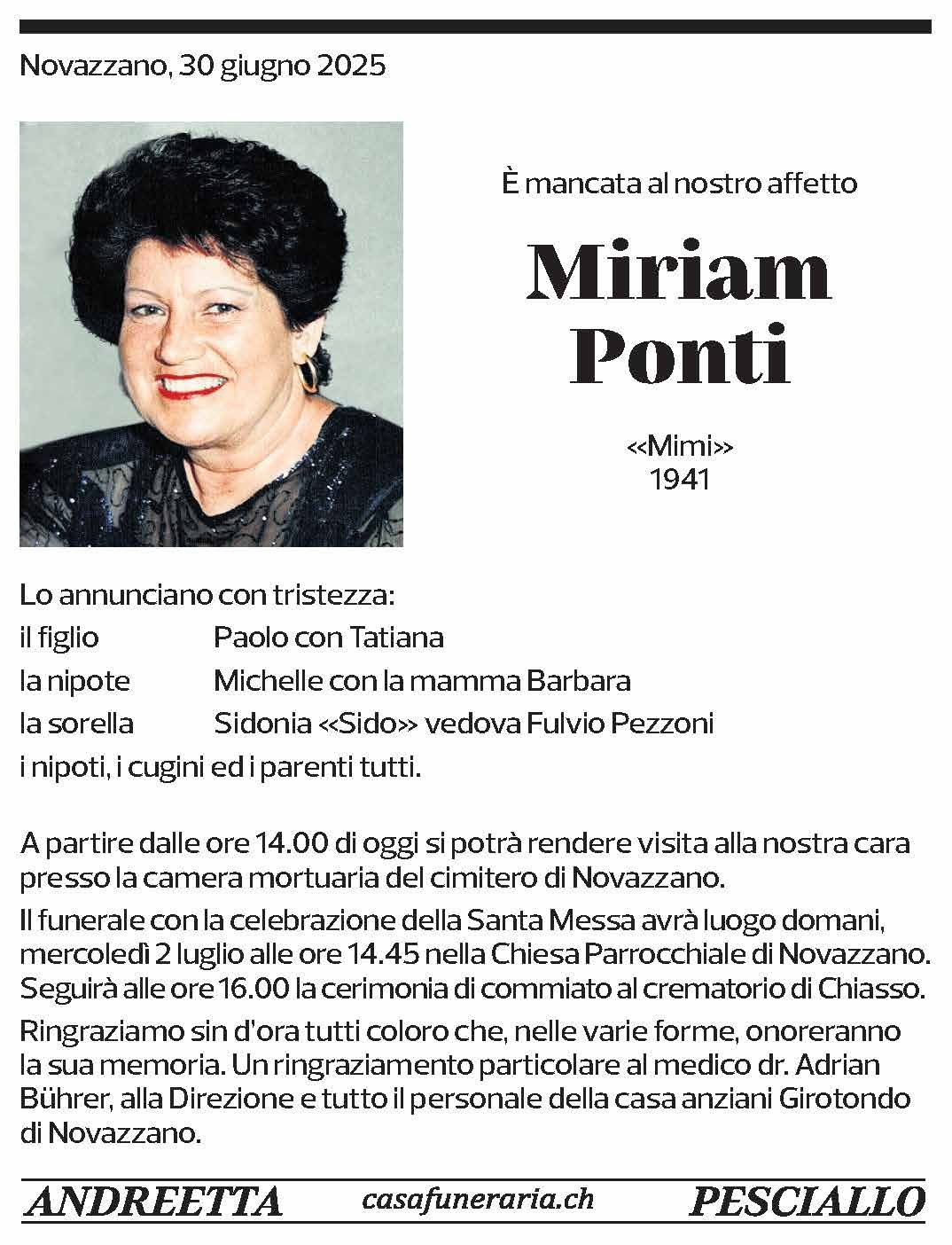 Annuncio funebre Miriam Ponti