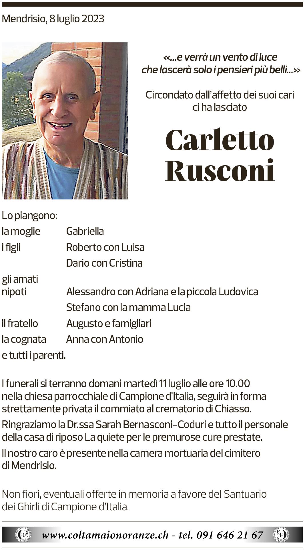 Annuncio funebre Carletto Rusconi