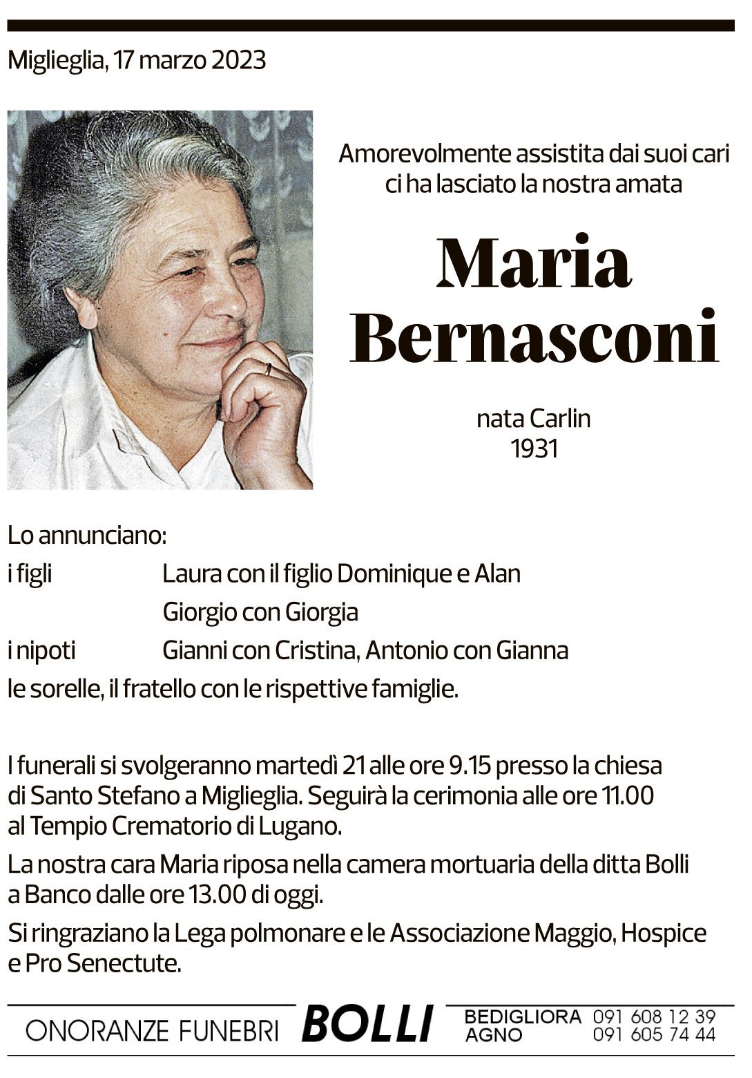 Annuncio funebre Maria Bernasconi