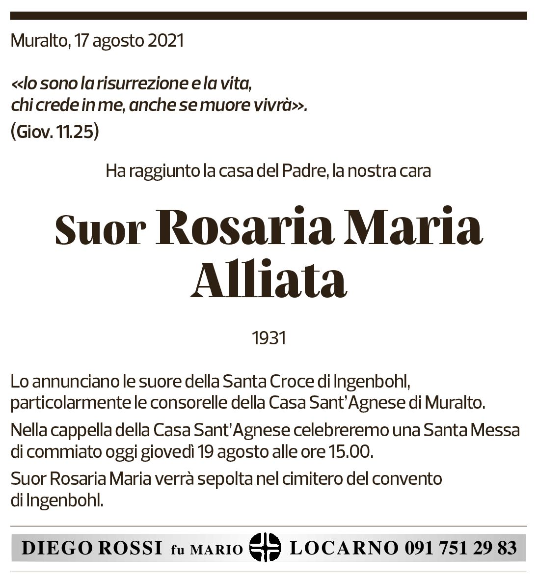 Annuncio funebre Rosaria Maria Alliata