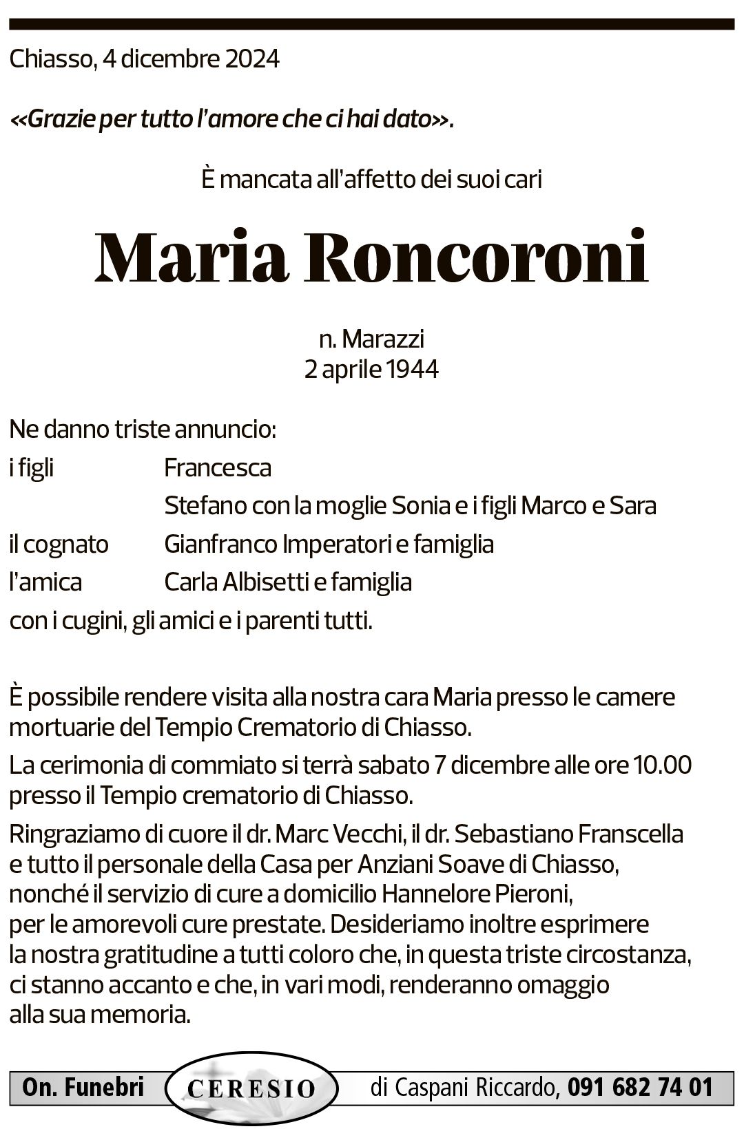 Annuncio funebre Maria Roncoroni