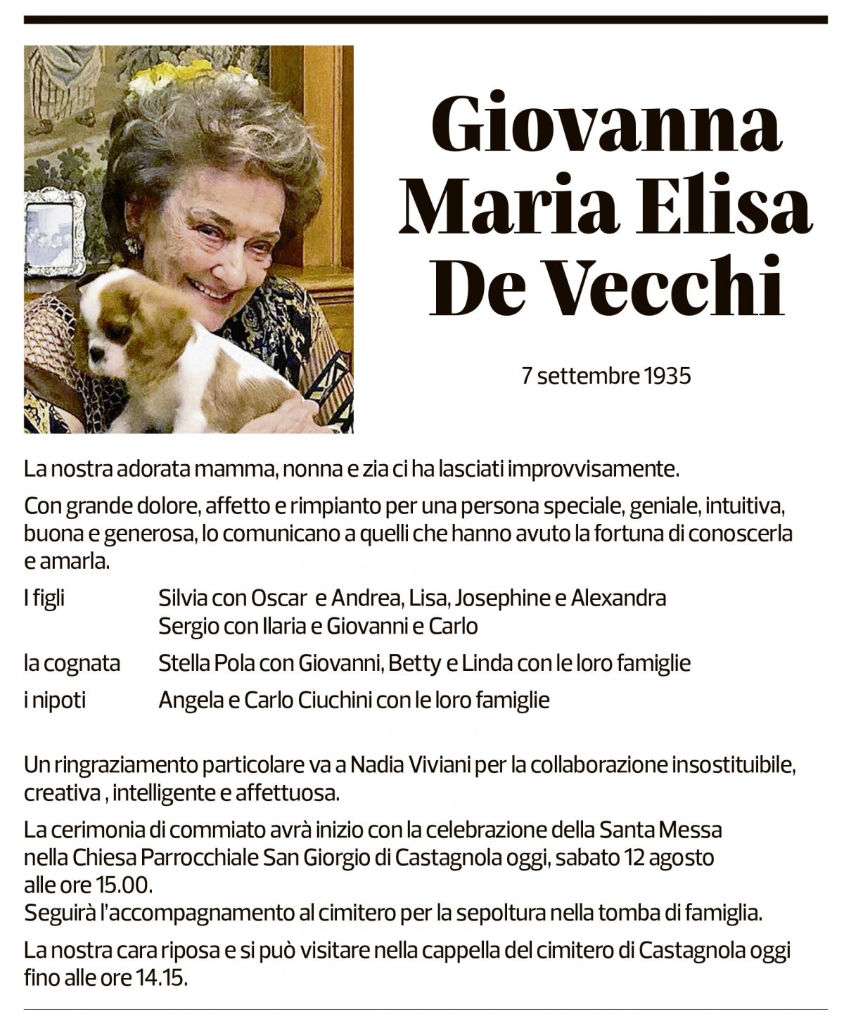 Annuncio funebre Giovanna Maria Elisa De Vecchi