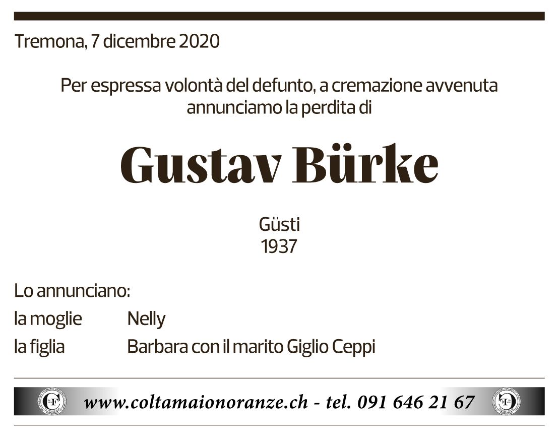 Annuncio funebre Gustav Bürke