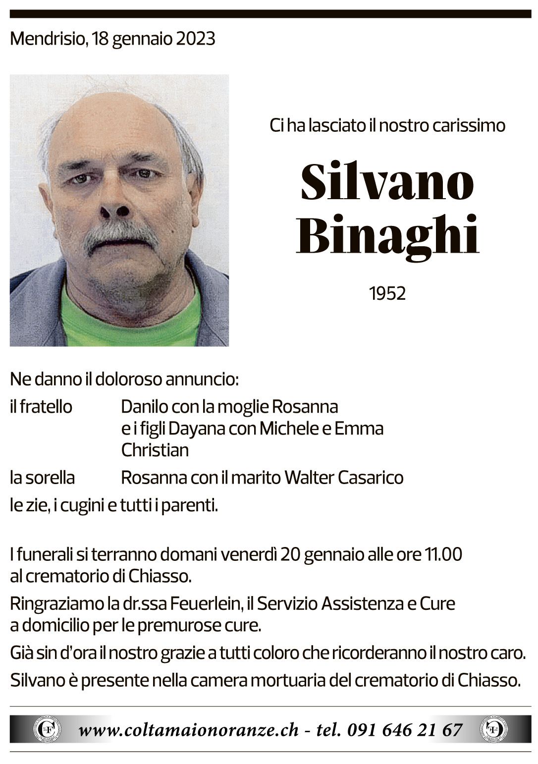 Annuncio funebre Silvano Binaghi