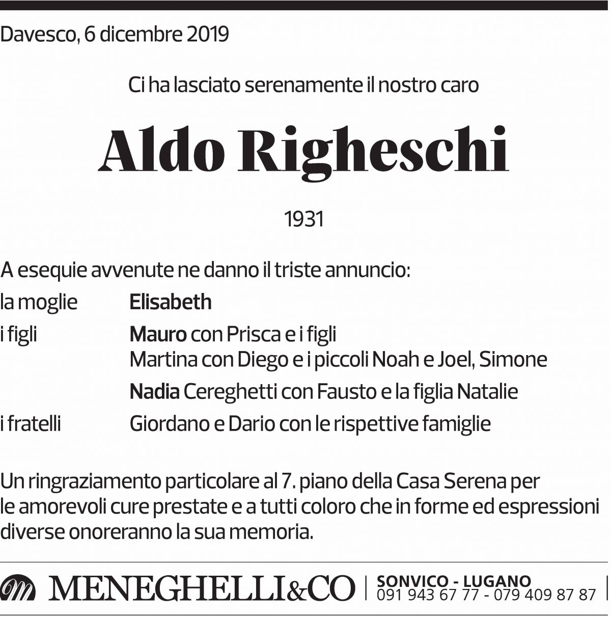 Annuncio funebre Aldo Righeschi