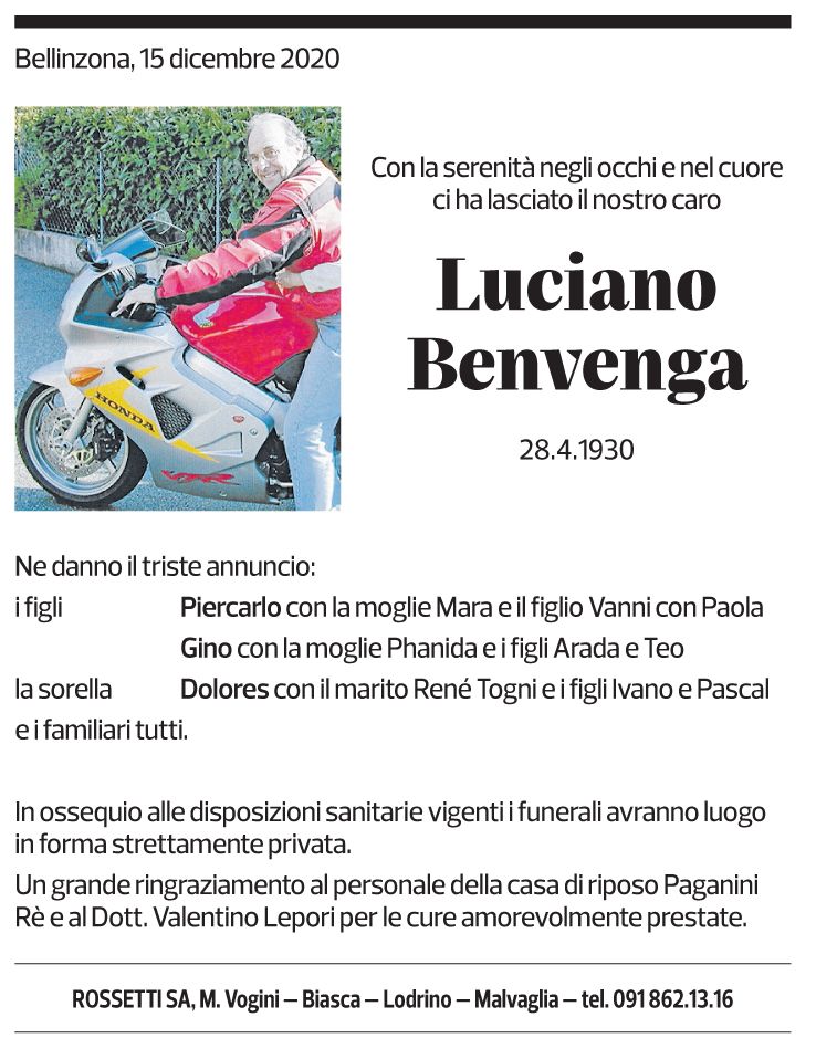 Annuncio funebre Luciano Benvenga