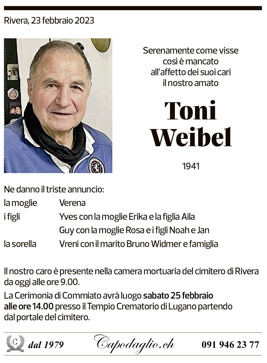 Annuncio funebre Toni Weibel