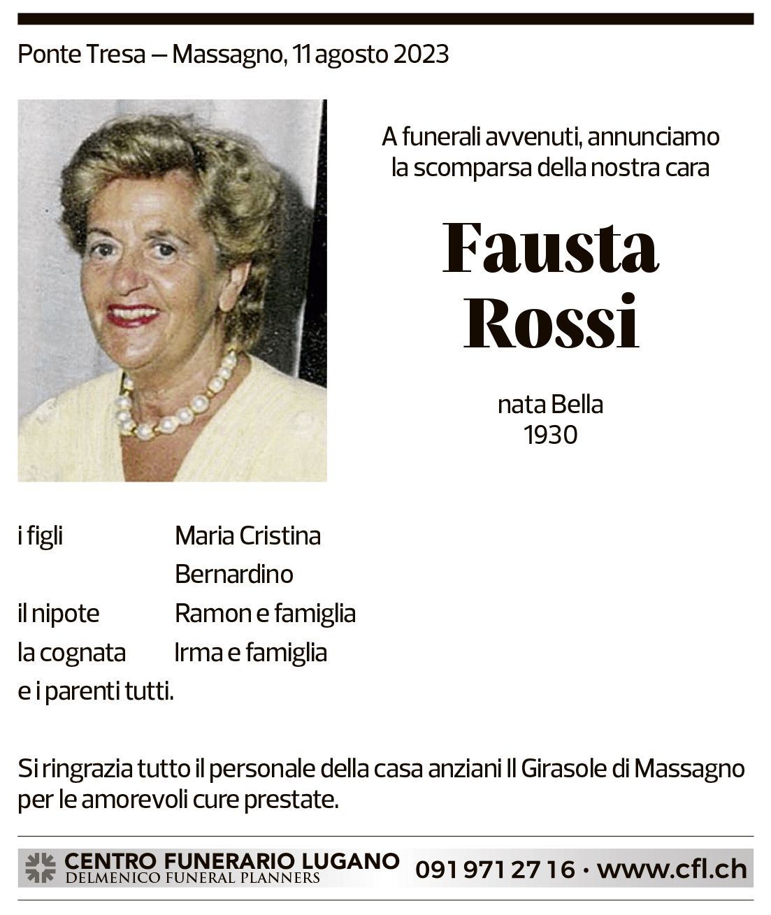 Annuncio funebre Fausta Rossi