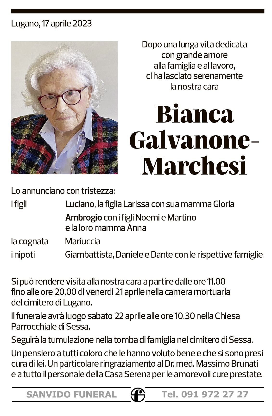 Annuncio funebre Bianca Galvanone-marchesi