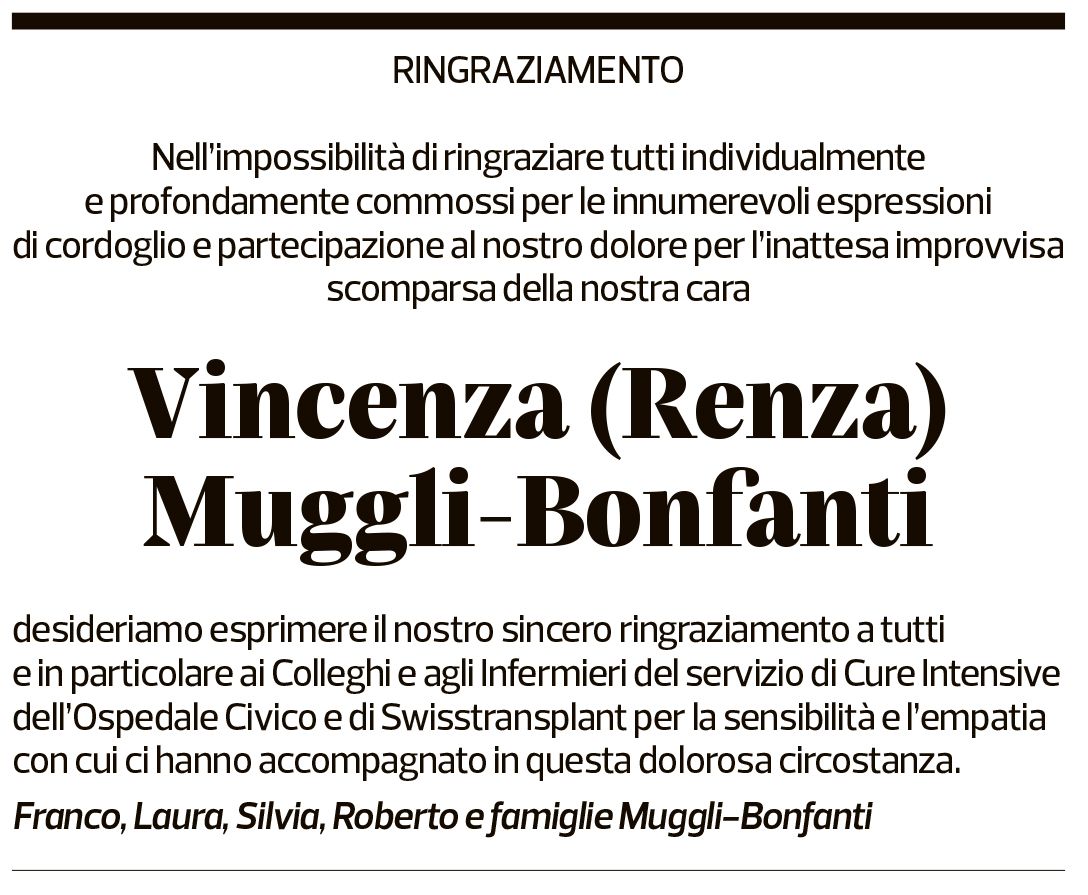 Annuncio funebre Vincenza Muggli Bonfanti