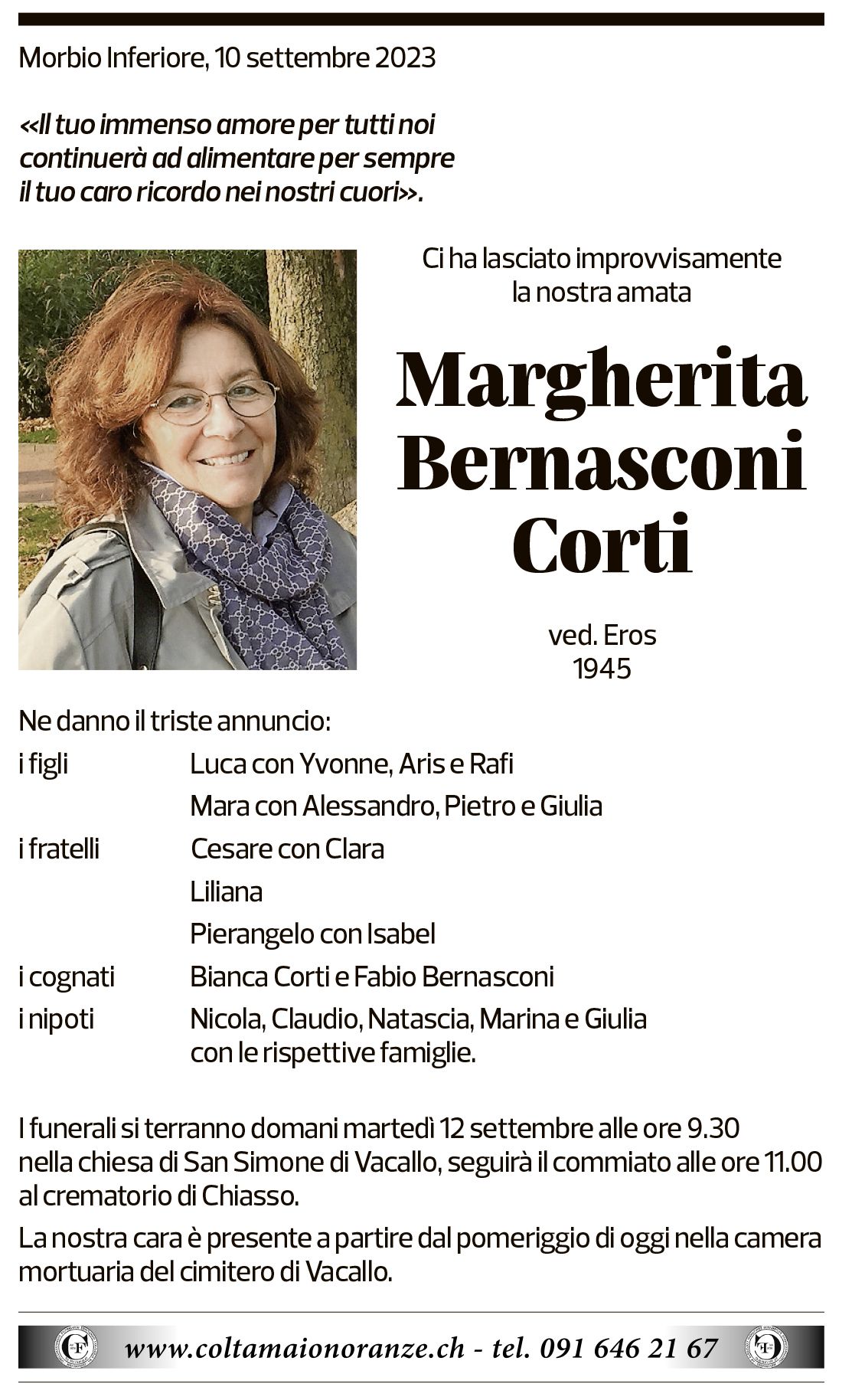 Annuncio funebre Mergherita Bernasconi Corti