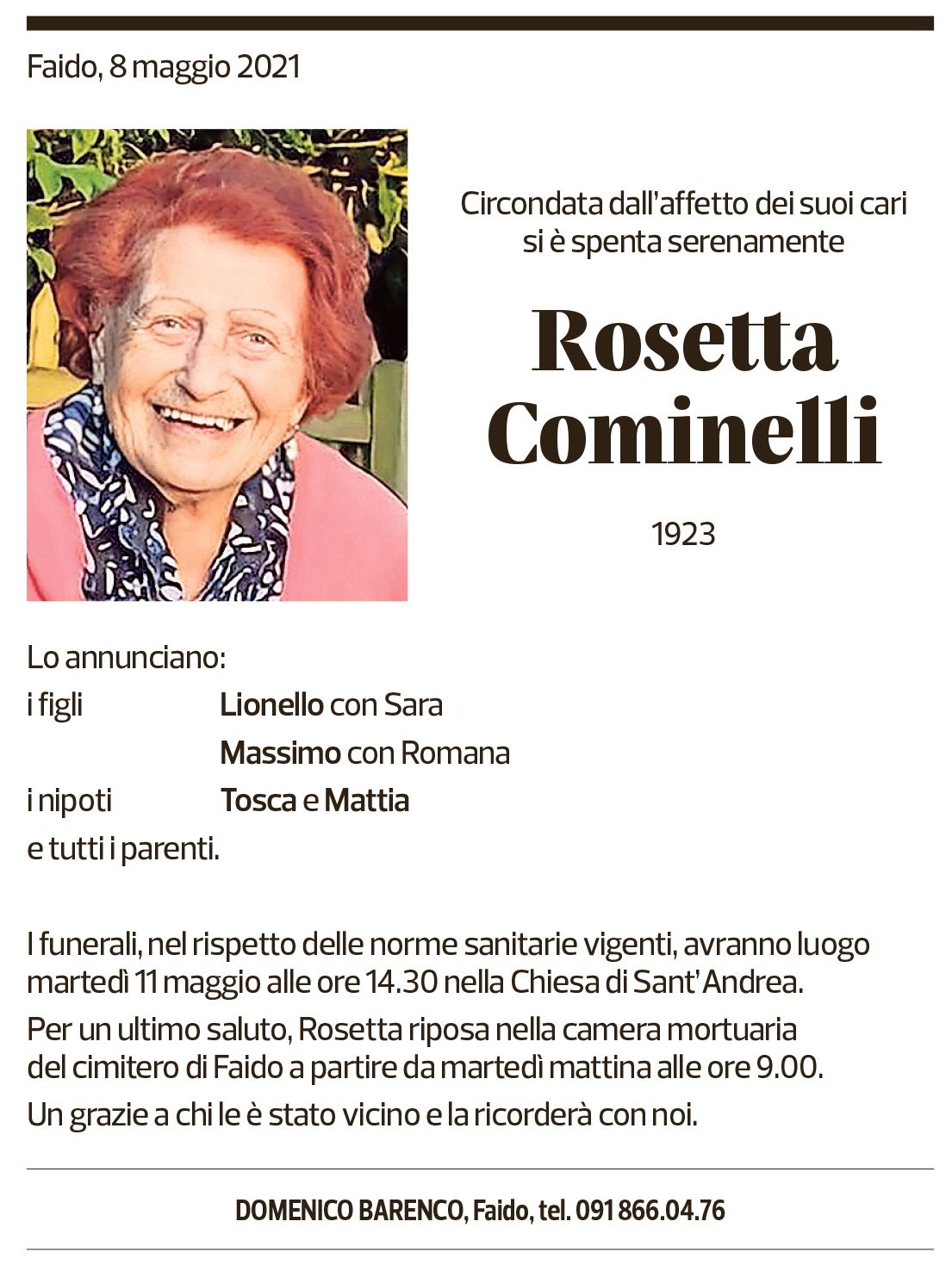 Annuncio funebre Rosetta Cominelli