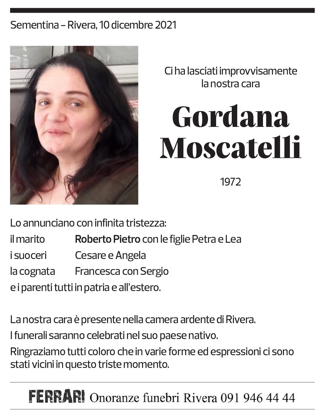 Annuncio funebre Gordana Moscatelli