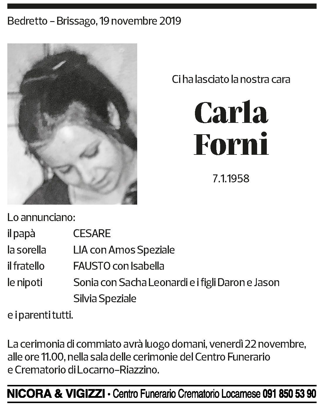 Annuncio funebre Carla Forni
