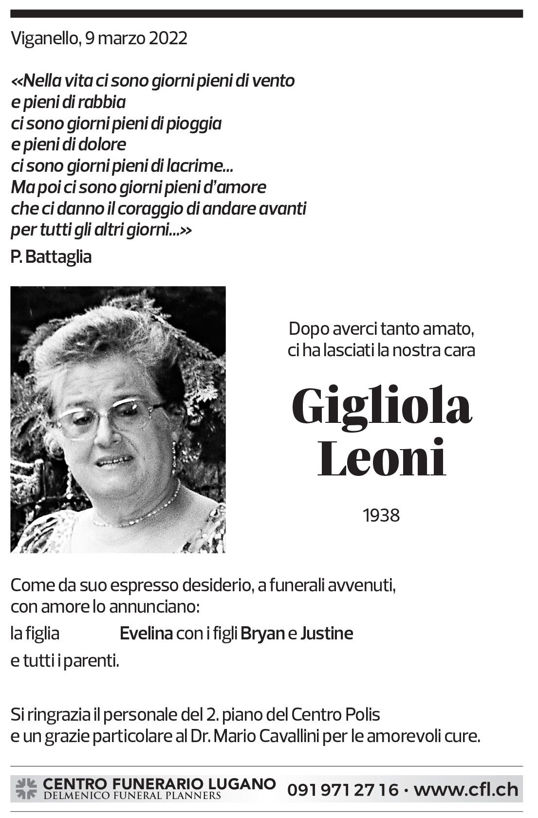 Annuncio funebre Gigliola Leoni