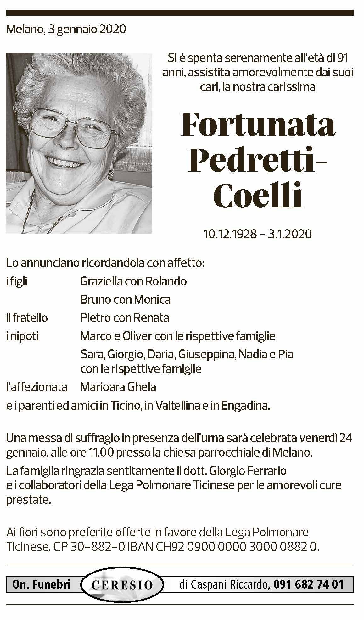 Annuncio funebre Fortunata Pedretti-coelli
