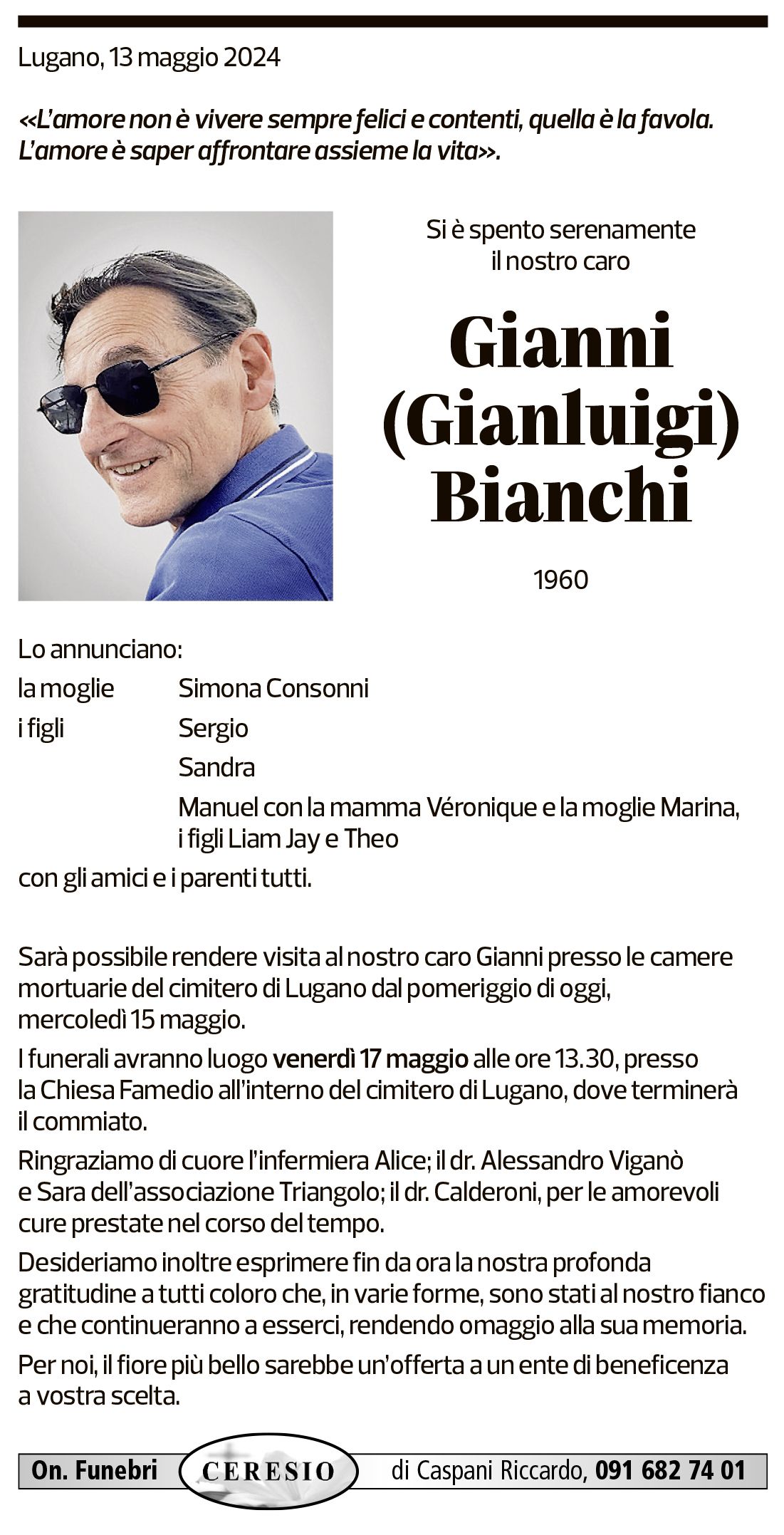 Annuncio funebre Gianni Gianluigi Bianchi