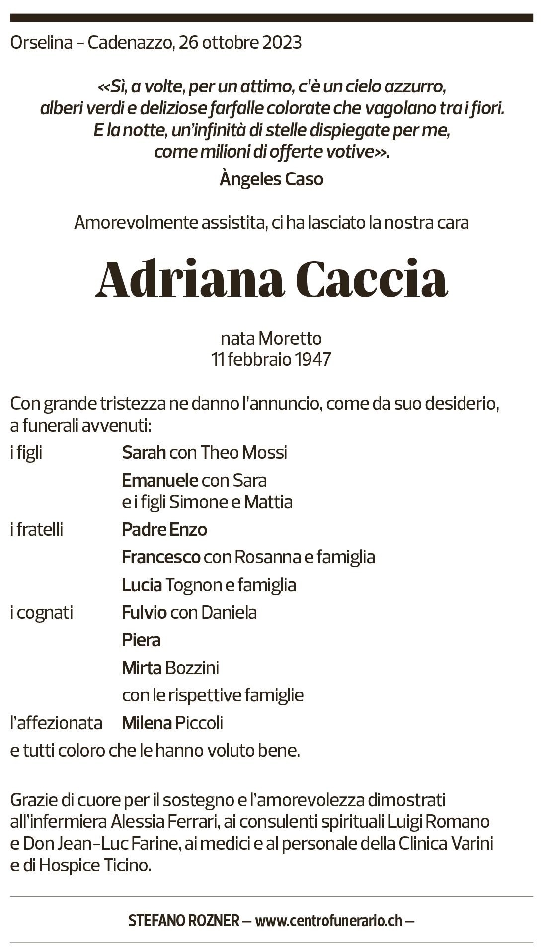 Annuncio funebre Adriana Caccia