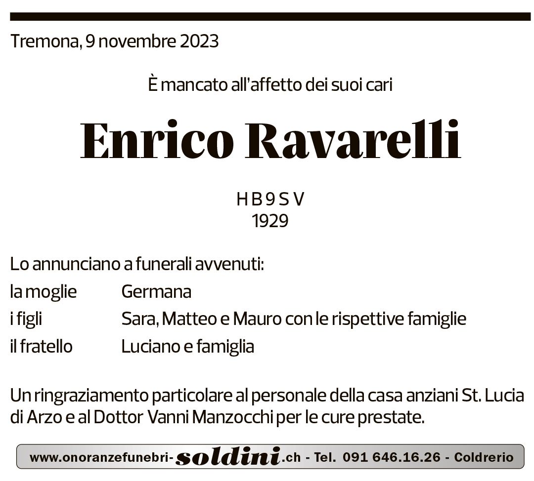 Annuncio funebre Enrico Ravarelli