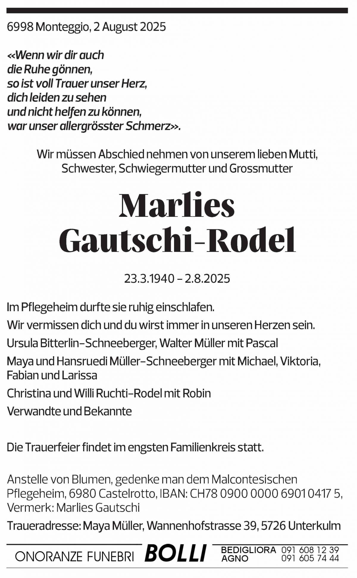 Annuncio funebre Marlies Gautschi-rodel