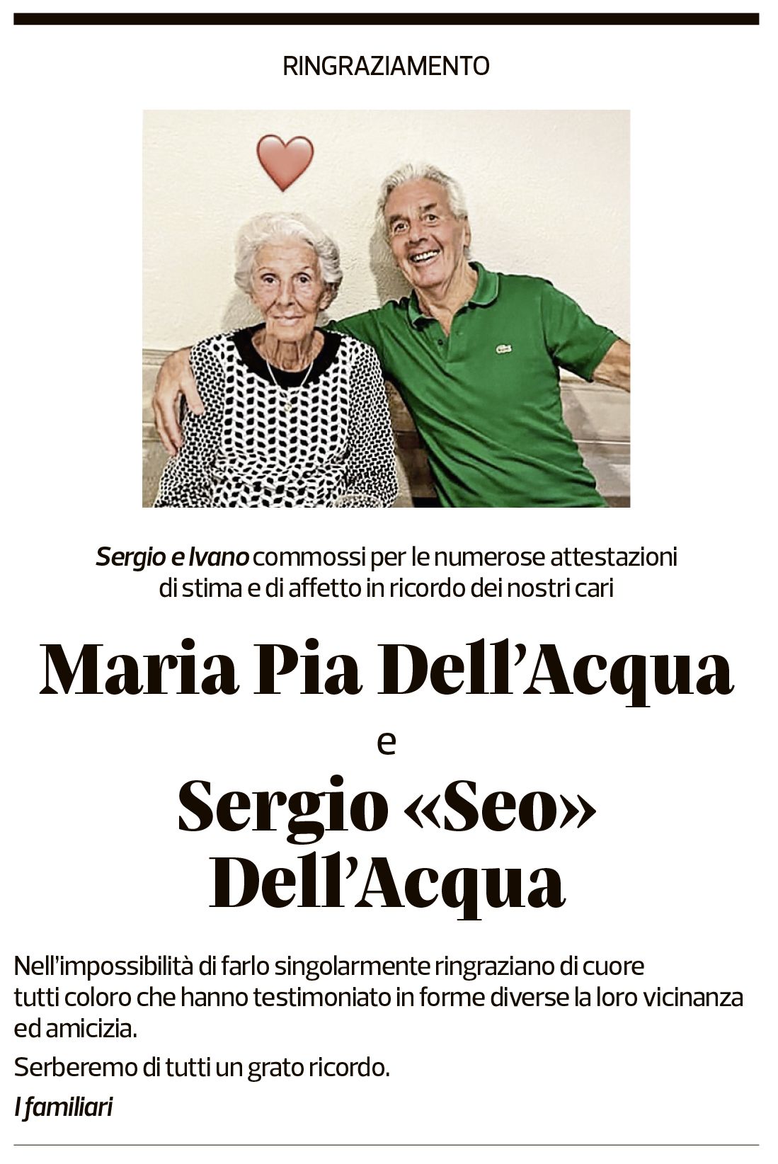 Annuncio funebre Maria Pia E Sergio Seo Dell'acqua