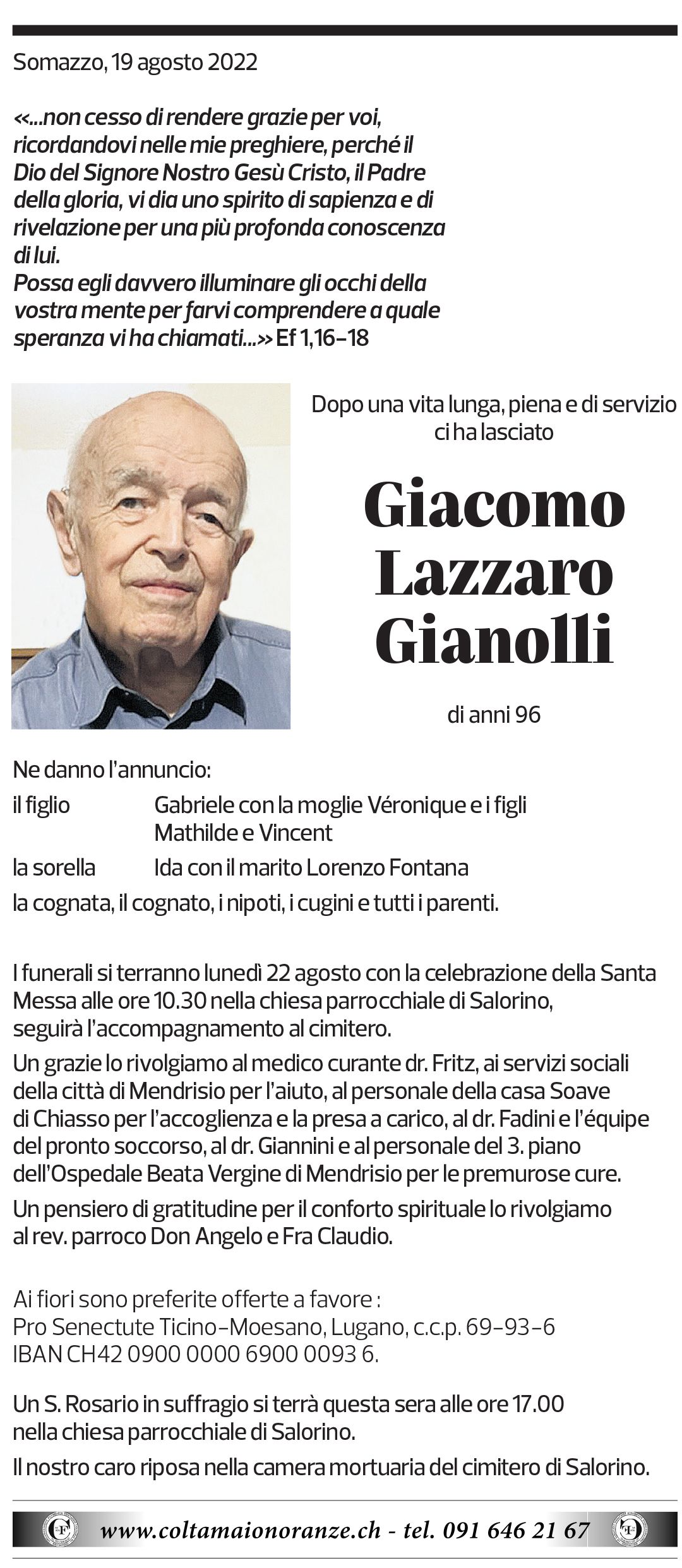 Annuncio funebre Giacomo Lazzaro Gianolli