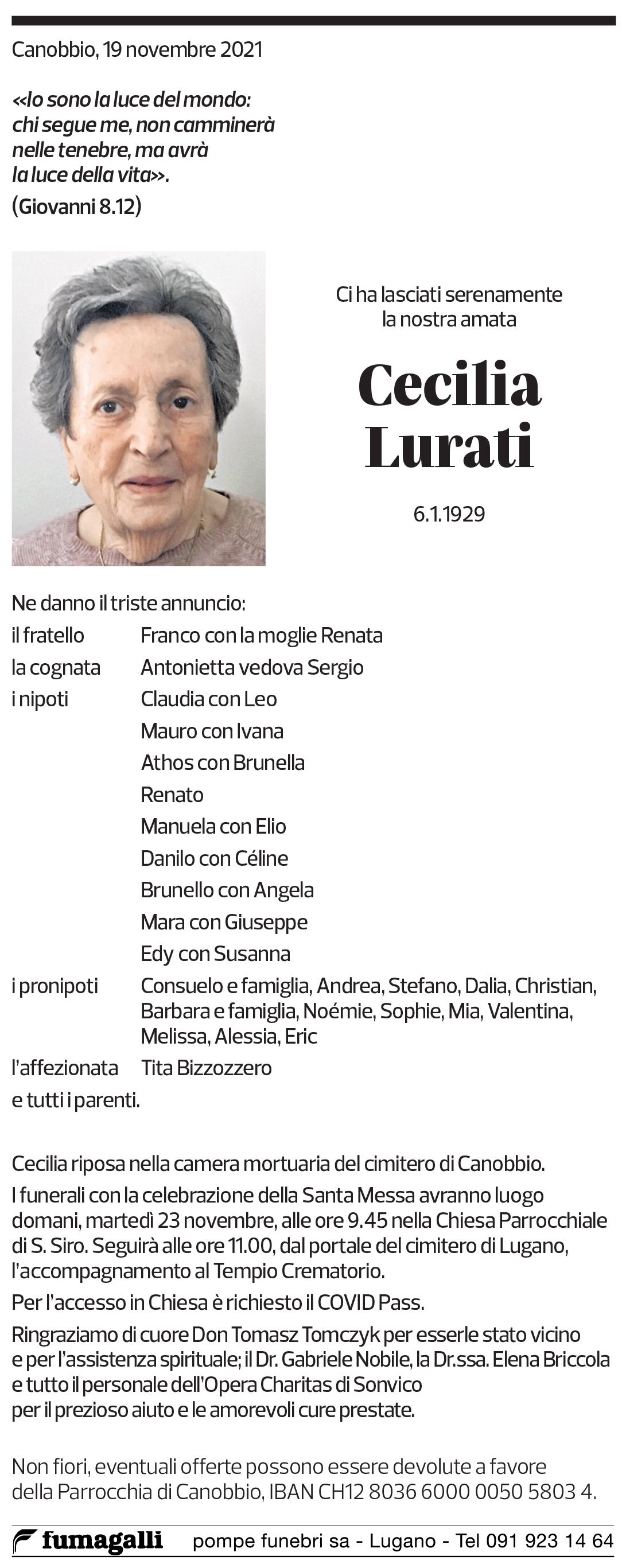 Annuncio funebre Cecilia Lurati