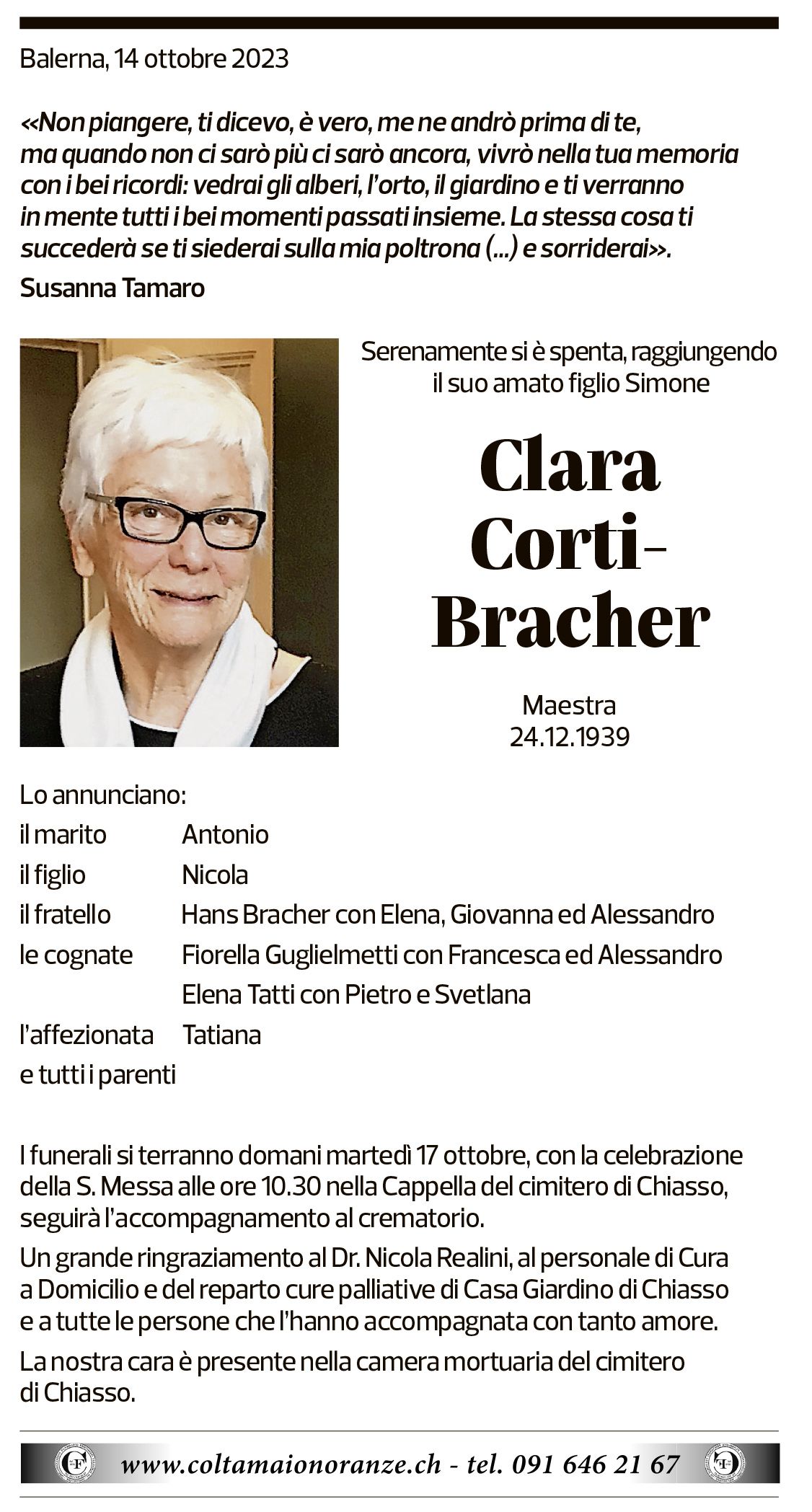 Annuncio funebre Clara Corti-bracher