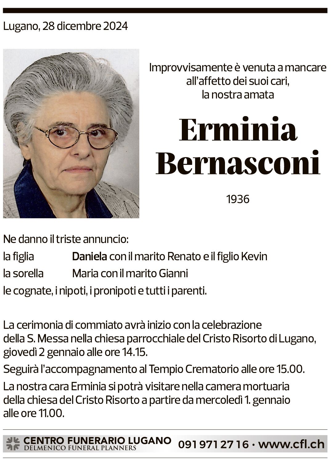 Annuncio funebre Erminia Bernasconi