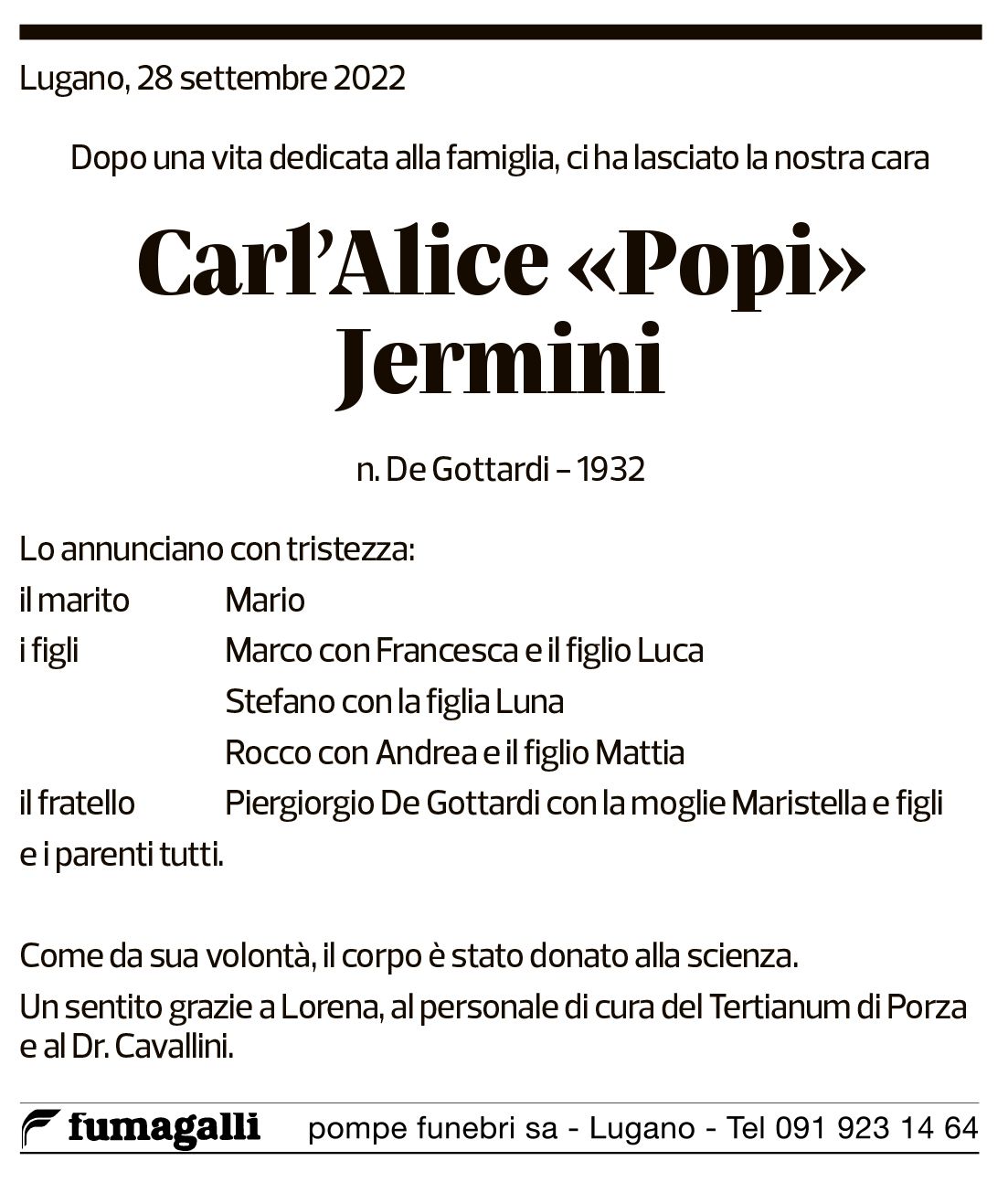 Annuncio funebre Carl'alice Popi Jermini