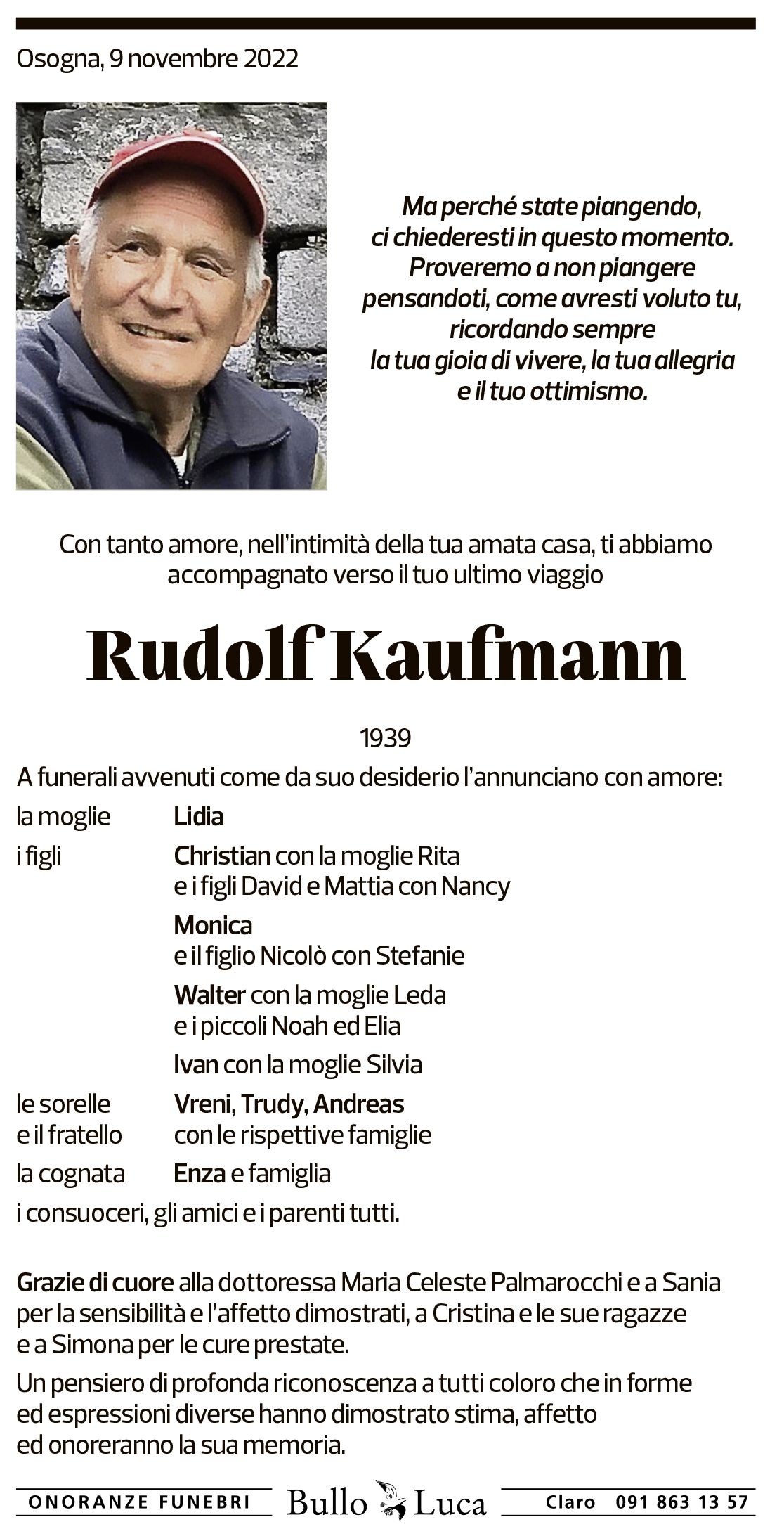 Annuncio funebre Rudolf Kaufmann