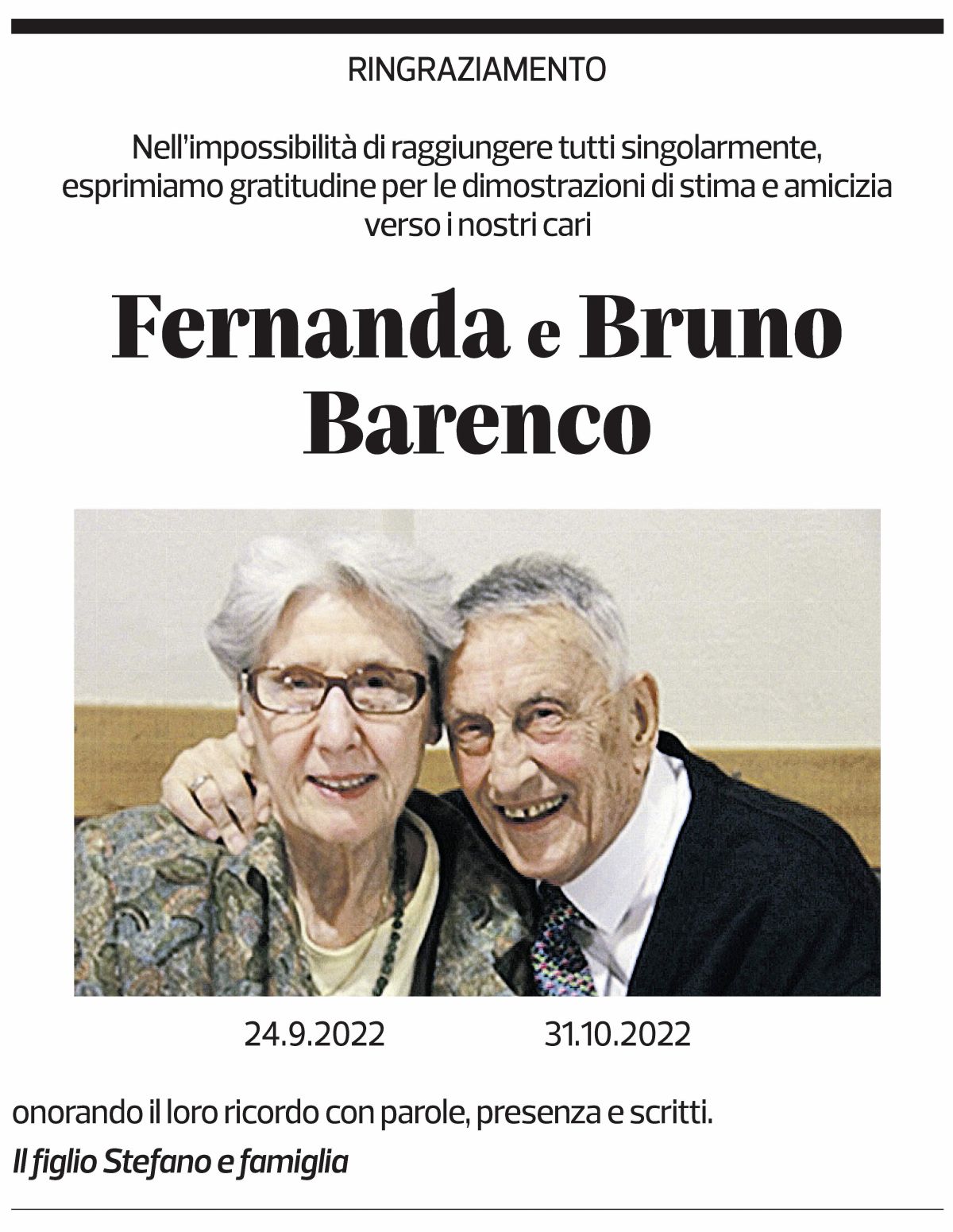 Annuncio funebre Fernanda E Bruno Barenco