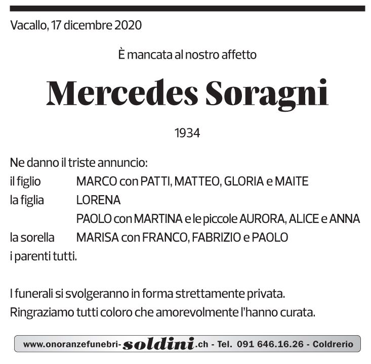 Annuncio funebre Mercedes Soragni
