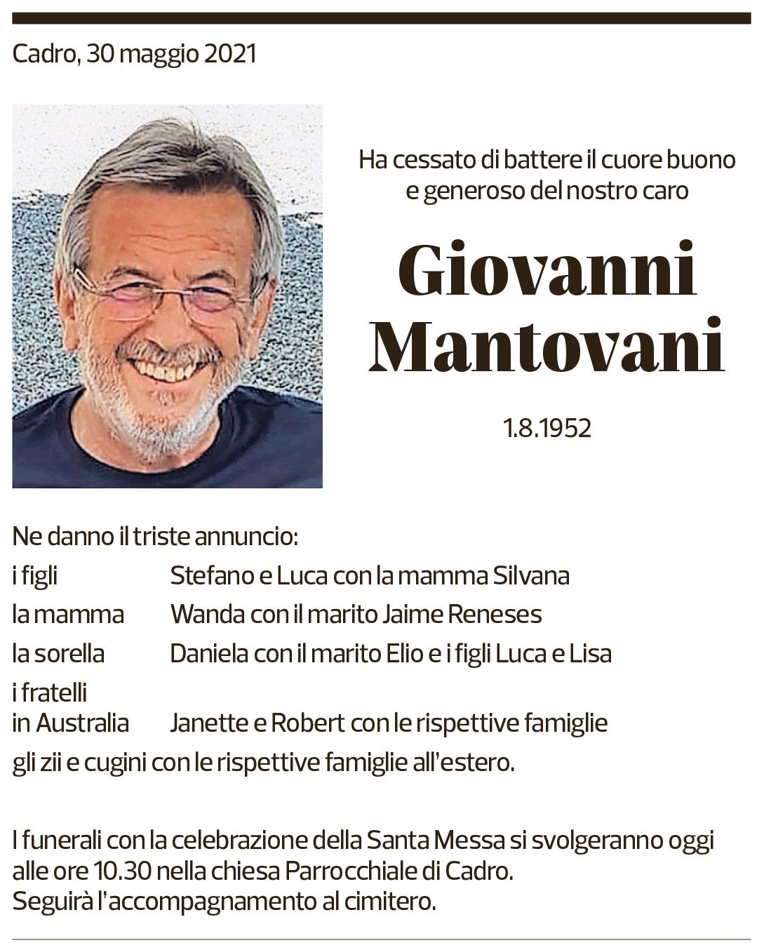 Annuncio funebre Giovanni Mantovani