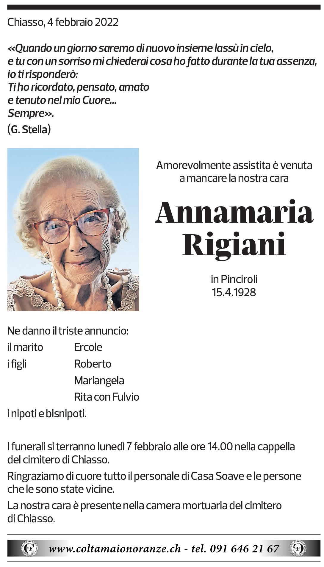 Annuncio funebre Annamaria Rigiani