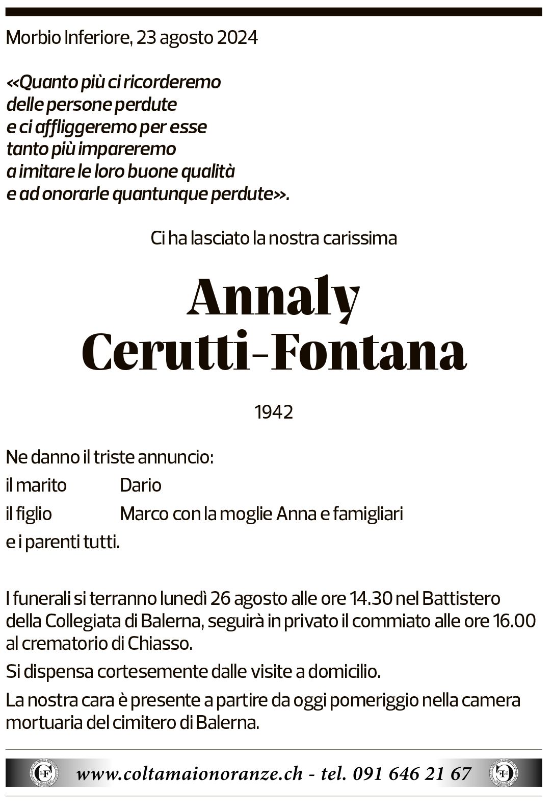 Annuncio funebre Annaly Cerutti-fontana