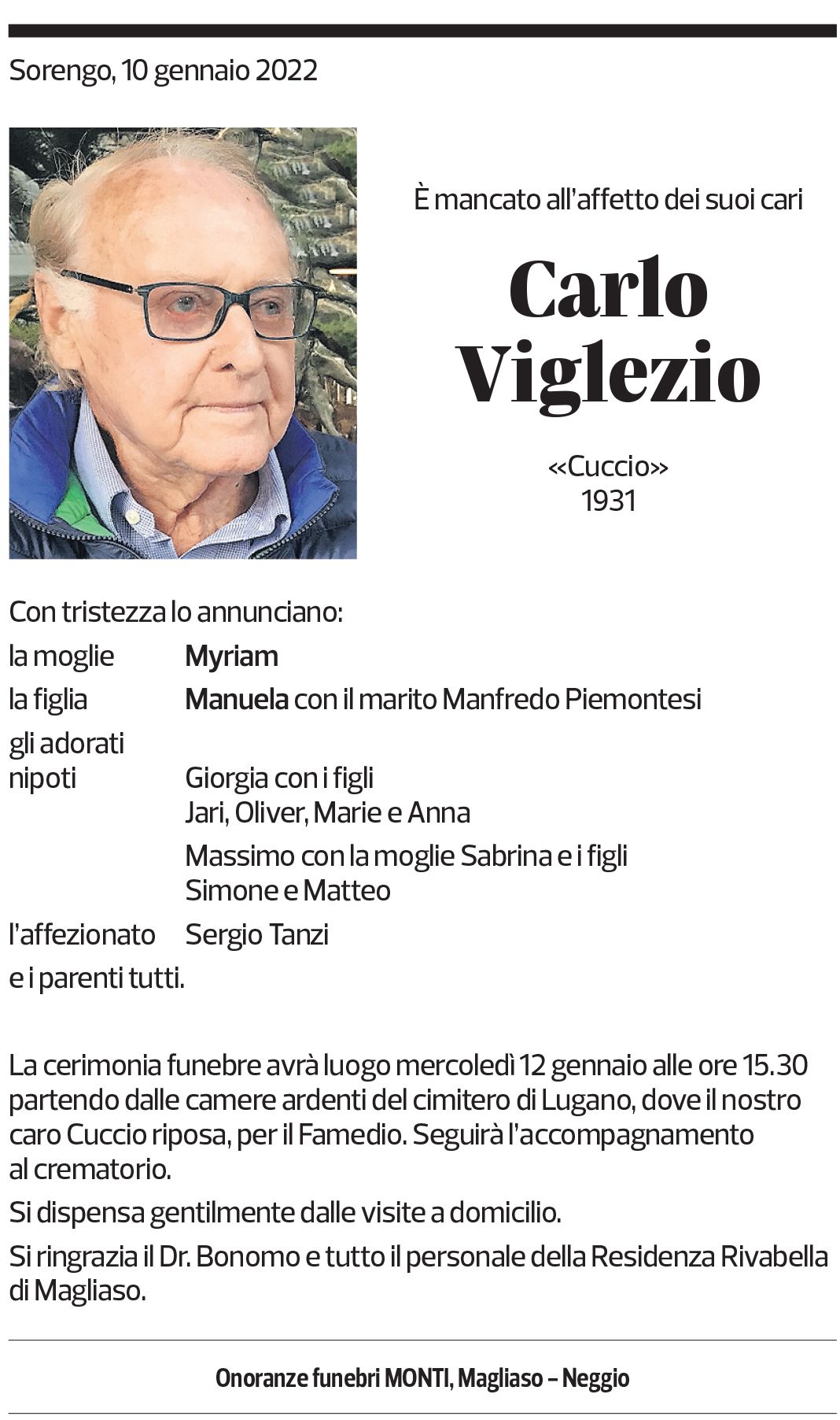 Annuncio funebre Carlo Viglezio