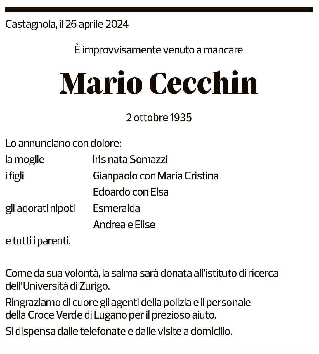 Annuncio funebre Mario Cecchin