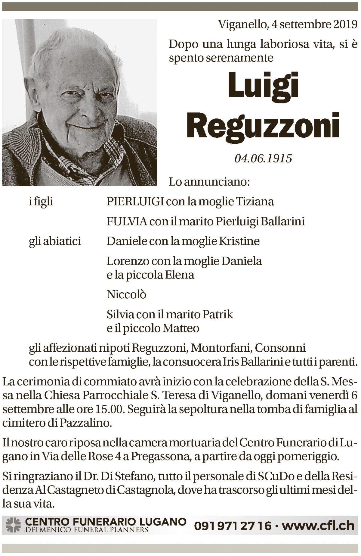 Annuncio funebre Luigi Reguzzoni