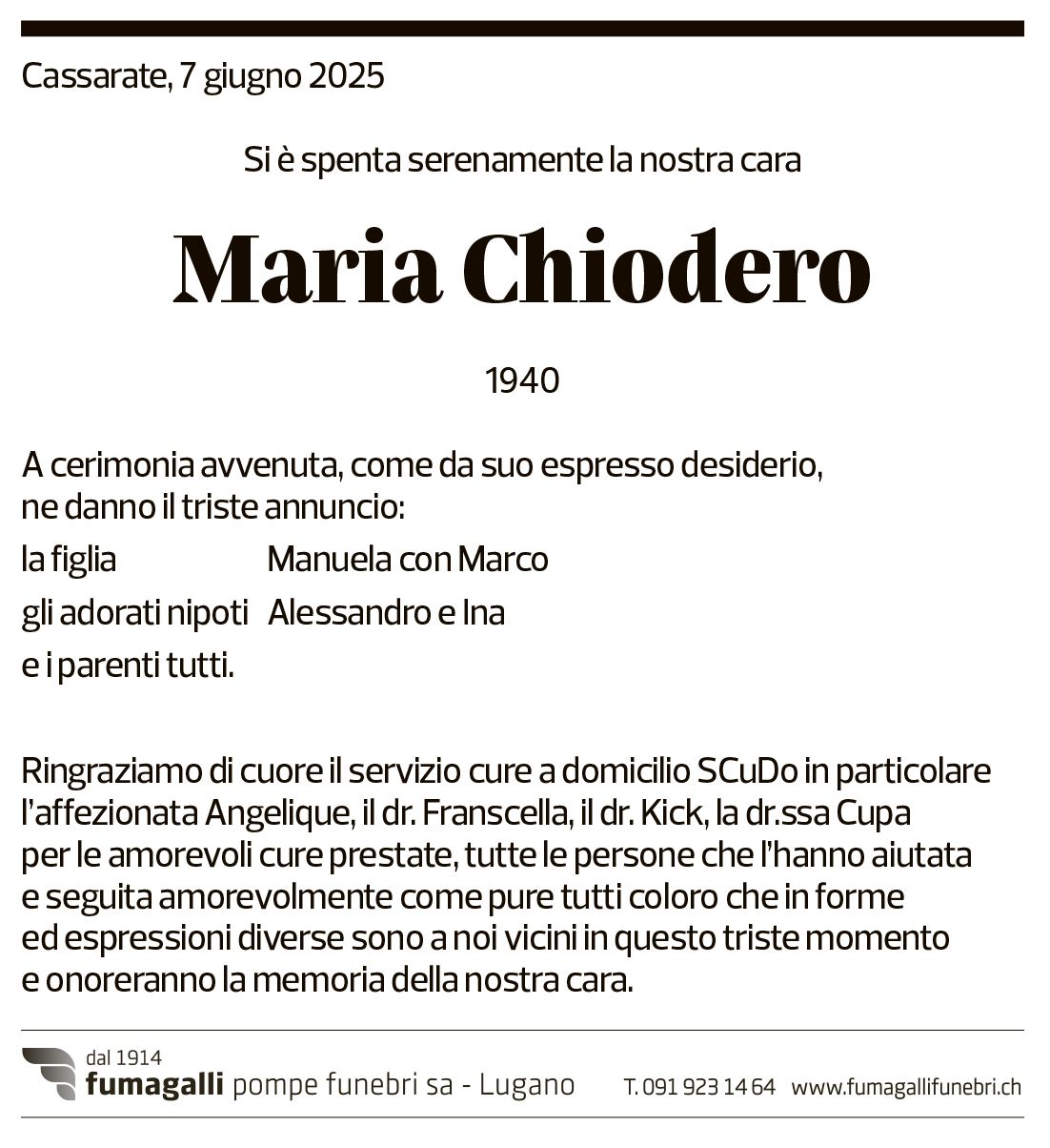 Annuncio funebre Maria Chiodero