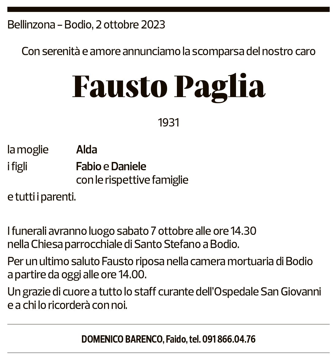 Annuncio funebre Fausto Paglia