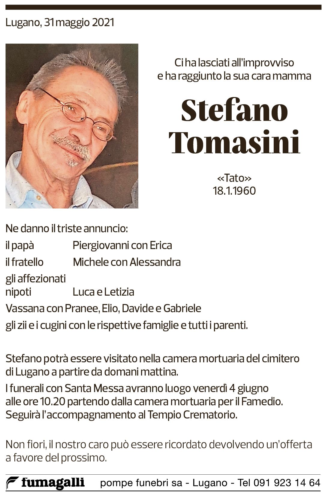 Annuncio funebre Stefano Tomasini